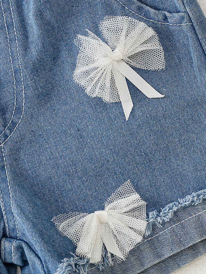 Clothes Set for 0-3Years Baby Girl Cute Cartoon Pattern Bow Short Sleeve Top + Denim Shorts Summer Costume for Toddler Girl