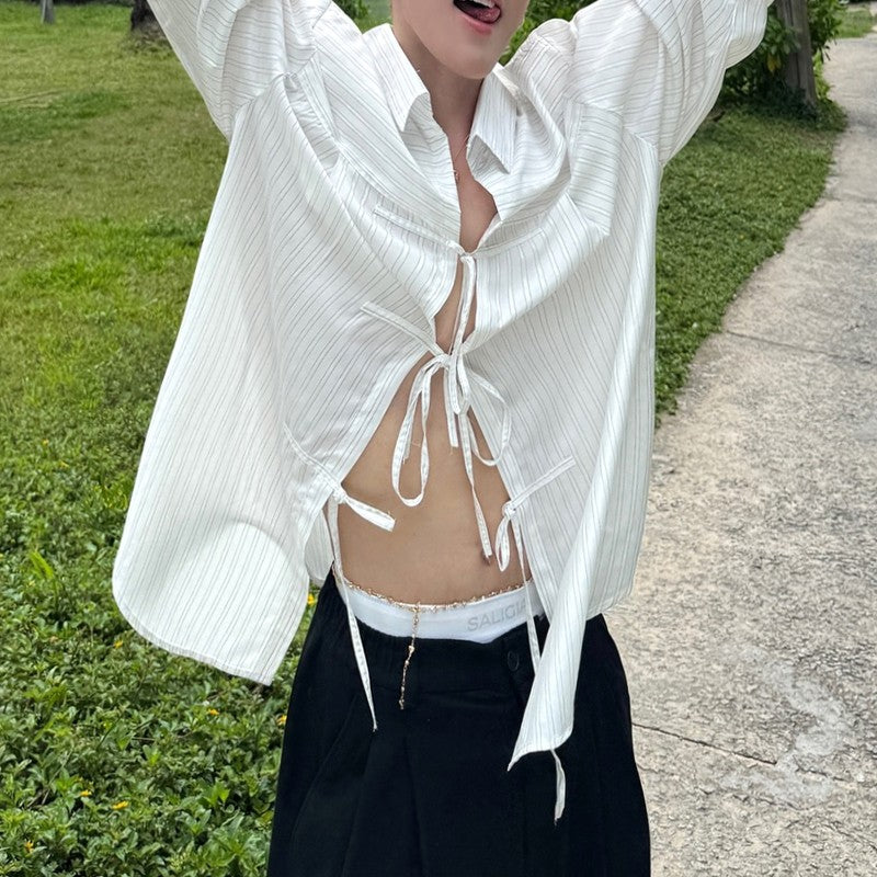 INCERUN Men Striped Shirt Lapel Long Sleeve Lace Up Hollow Out Men Clothing Oversize Korean Style Streetwear Casual Shirts Men