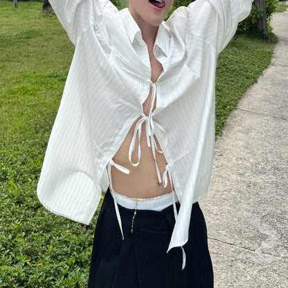 INCERUN Men Striped Shirt Lapel Long Sleeve Lace Up Hollow Out Men Clothing Oversize Korean Style Streetwear Casual Shirts Men