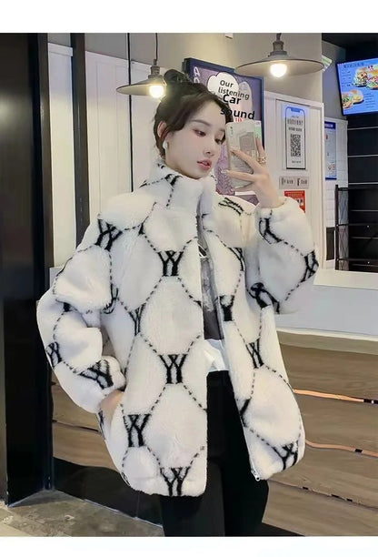 Ladies Thickened Cotton Lamb Fur Jacket Korean Style Winter Outerwear Loose Versatile Trendy Coat Warm Comfortable Soft Material