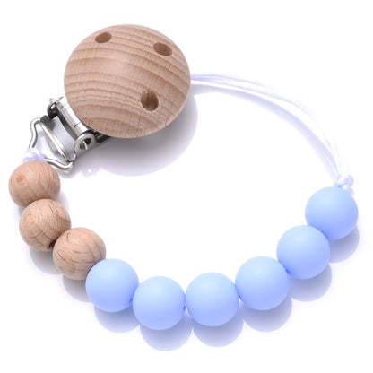 Handmade Beech Wood Baby Pacifier Chain Round Silicone Beads Infant Appease Soother Clips Anti-Drop Dummy Holder Nipple Clip