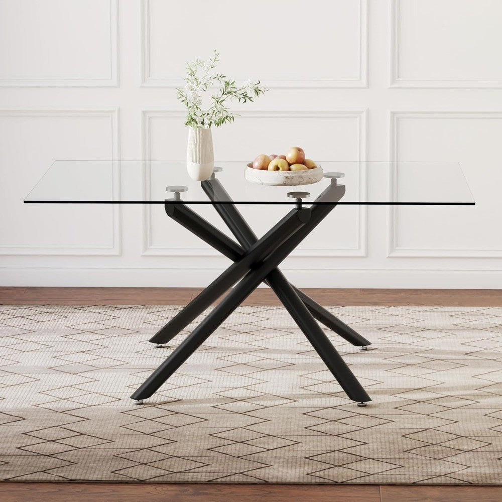 Rectangular Black Glass Dining Table, 63 Long, Seats 6-8, Tempered Glass Surface, Metal Frame, Suitable for Kitchen or Dining Ar