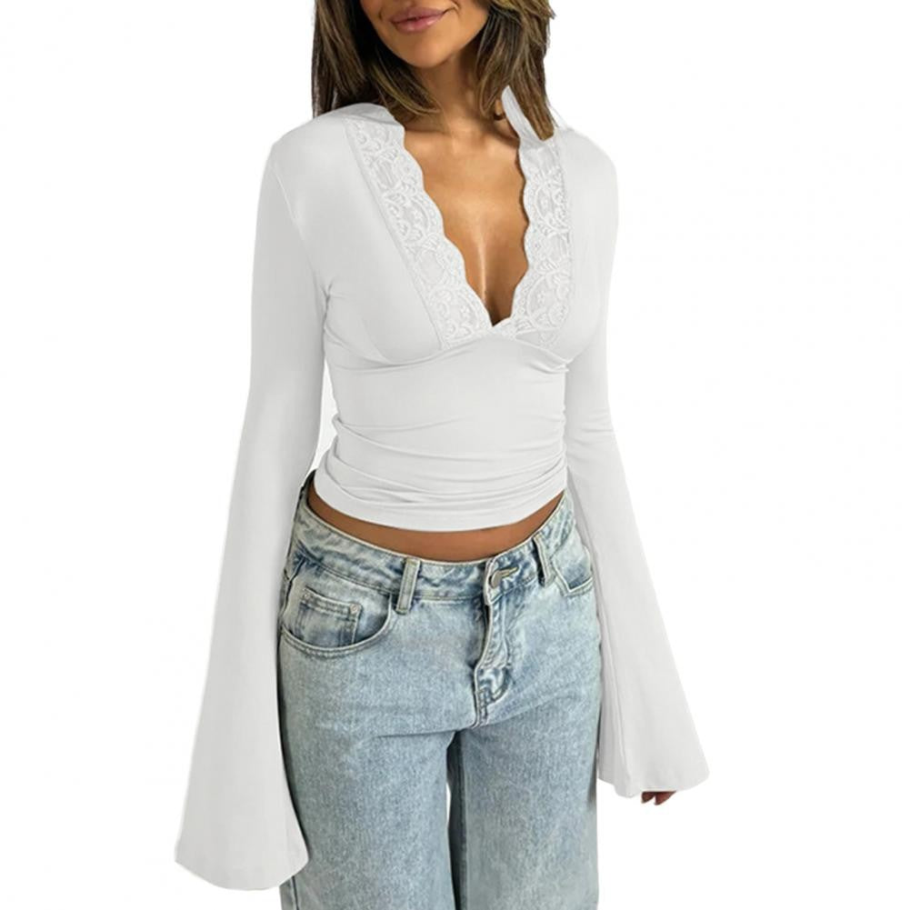 Women's Blouses Sexy Lace Deep V Neck Long Bell Sleeves Top Slim Fit Low Cut Sheer Mesh Shirt For Spring Fall Women's Clothing