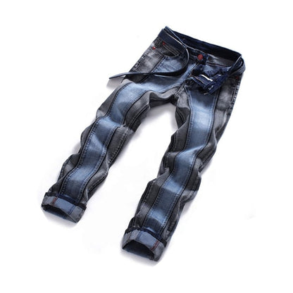 Calça jeans masculina patchwork, cintura média, moda, viagem, festa, versão confortável de elástico
