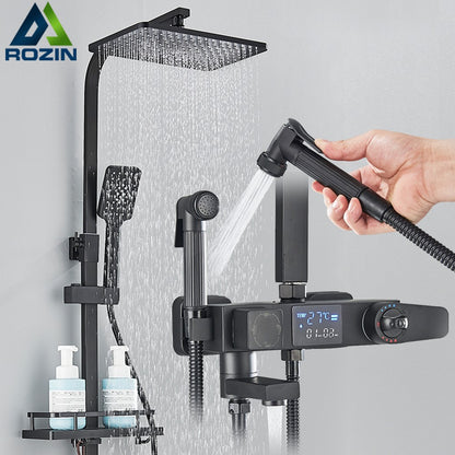 Black Digital Display Thermostatic Shower Faucet Bathroom Thermostatic 4 ways Rainfall Shower Mixer Tap,Shelf and Bidet Faucets