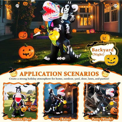 8FT Halloween Inflatable Blow Up Decorations Skeleton Knight Riding Dinosaur with Builtin LEDs for Holiday Party Garden Lawn Ya