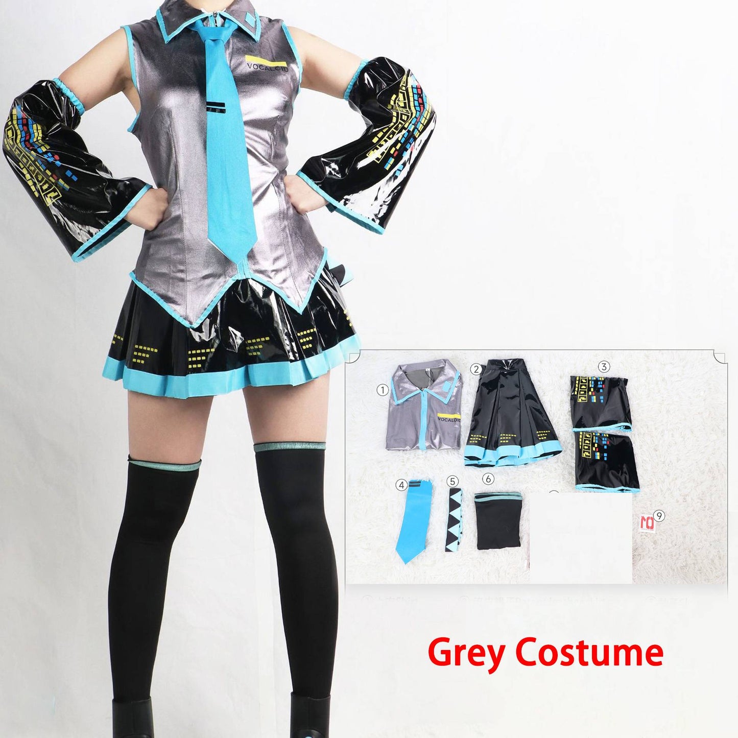Miku Cosplay Costume Full Set Silver Leather Fabric Suit Miku Cosplay Headwear Costume Outfit JK Sailor Dress School Uniform