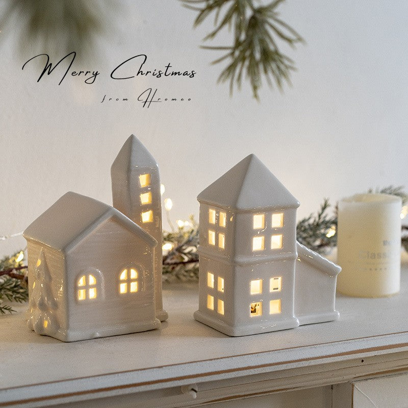 Glowing Ceramics Village House LED Light Up Porcelains Statue Figurine Festival Home Desktop Decors Christmas  Ornament