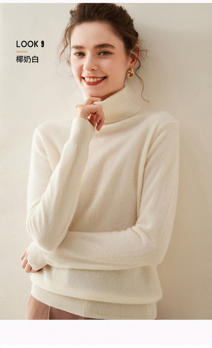 Suéter de Cashmere Feminino Gola Alta Manga Comprida Pulôver de Malha 100% Cashmere Puro Suéter Básico Versão Coreana Top Feminino