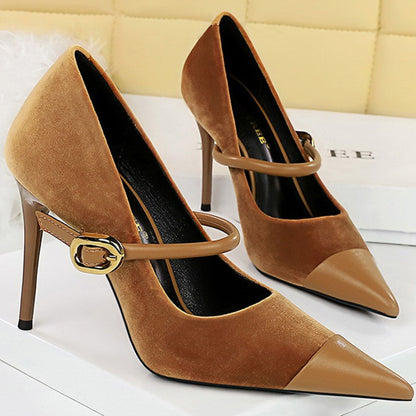 Korean Version Party 10cm 7cm High Heels Women Shoes Thin Heels Velvet Shallow Montage Pointed Toe Metal One-line Buckle Pumps