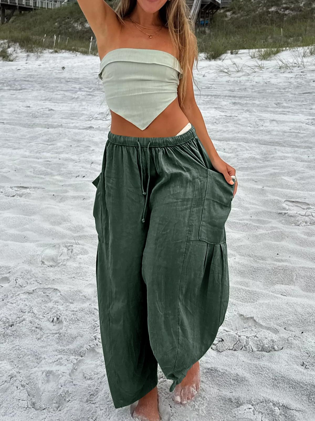 Women's Stretched-waist Pleated High-waisted Wide-leg Trousers Spring Autumn Fashion Cotton Linen Pocket Casual Trousers Woman