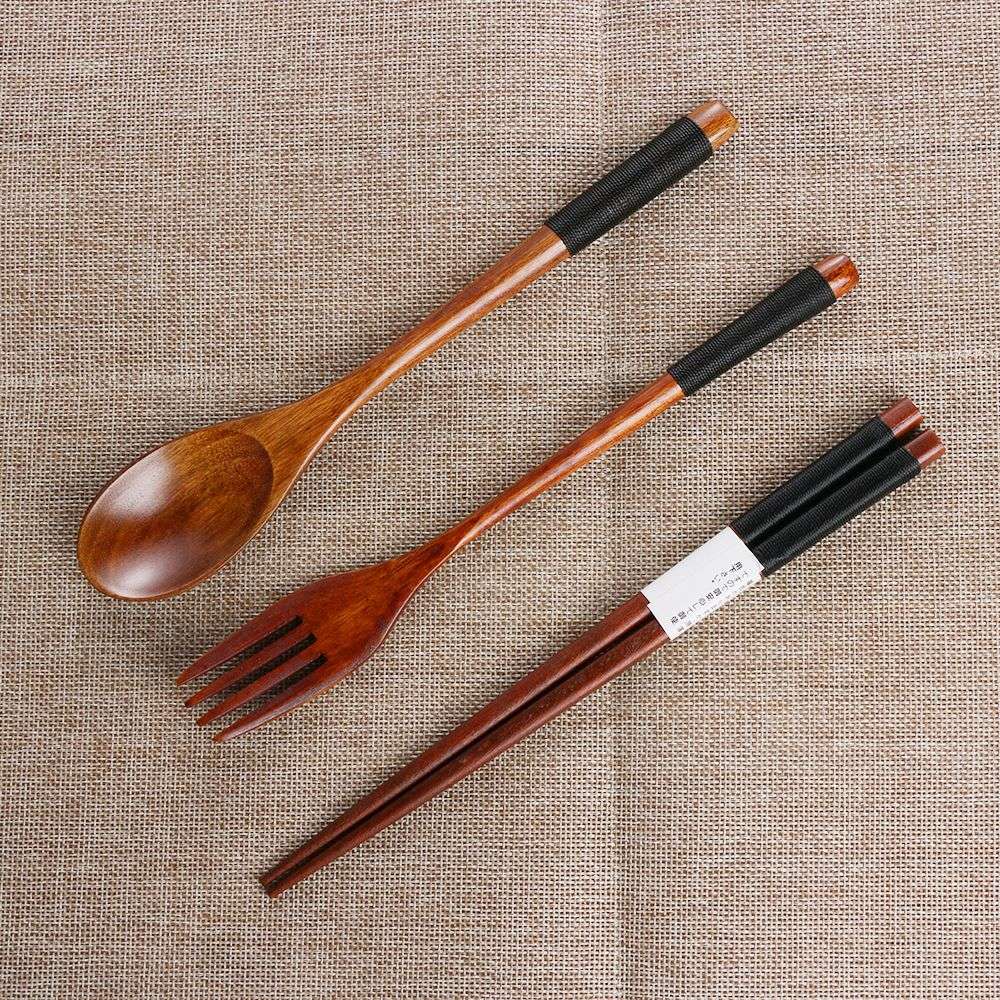 Spoon Fork Chopsticks Portable Tableware Wooden Cutlery Sets Travel Dinnerware Suit Environmental with Cloth Pack Gift
