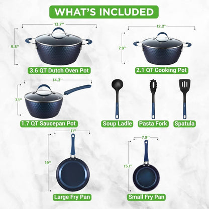 11 Pc Blue Diamond Nonstick Ceramic Cookware Set Durable Pots and Pans with CoolTouch Handles Lids Utensils
