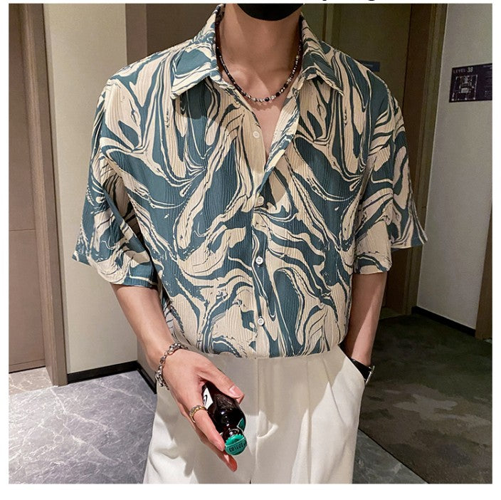 Japanese Summer Ice Silk Flower Shirt for Men Short Sleeve Loose Casual Harajuku Oversized 2023 New Thin Hawaiian Shirt Men