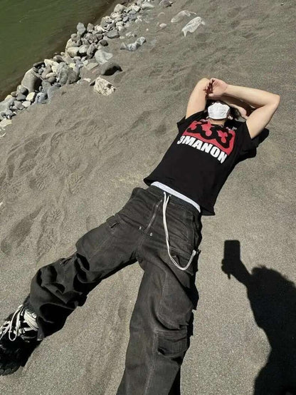 PFNW High Street Drawstring Zipper Sliced Wide Leg Cargo Pants Msn's Casual Loose Straight Trousers Loose Denim Pants 28W5963