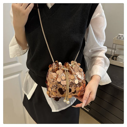 Sequin Chain Women's Portable Bucket Shoulder Bags Retro Ladies Dinner Party Clutch Purse Luxury Design Female Crossbody Bag