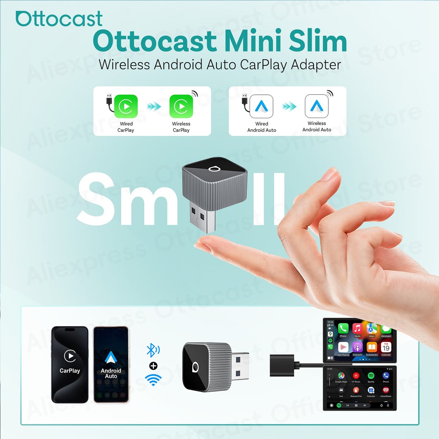 Adaptador OTTOCAST Mini Slim Cube sem fio para CarPlay e Android Auto, 2 em 1, USB, acessórios inteligentes para carro VW Haval Audi Kia Porsche Lexus