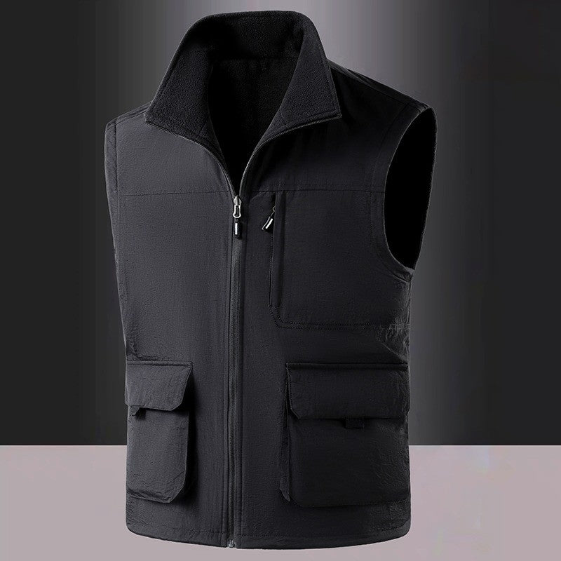 Colete de Pesca Masculino de Veludo Outono e Primavera Novo, Casaco de Veludo para Homem, Colete de Trabalho Solto e Moderno com Vários Bolsos para Homens de Meia-Idade