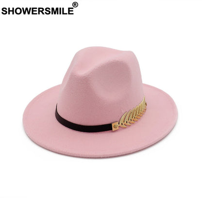 SHOWERSMILE Burgundy Women Fedora Hat Winter Female Wool Felt Hat Leaf Large Brim British Style Retro Jazz Cap Accessories