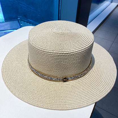 Chapéu de palha de verão PP preto e branco, chapéu de sol, protetor solar, férias, praia, abas largas, chapéu de sol de verão