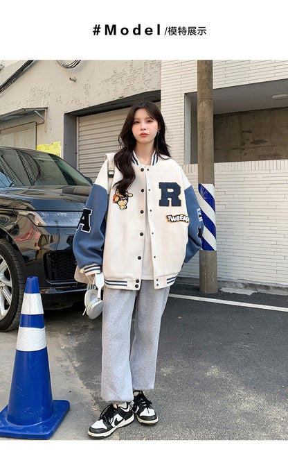 New Autumn and Winter Padded Baseball Jersey Women American Retro Loose Sweater Women Jacket