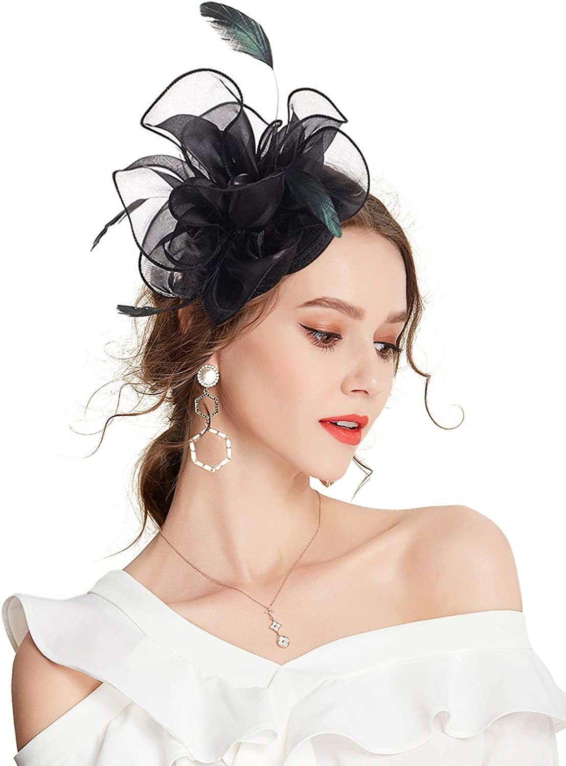 Novo Chapéu Fascinator de Organza Feminino com Flor de Pena Kentucky Derby Cocar Chapéu Pillbox para Casamento Chá da Tarde Acessórios de Cabelo com Clipe