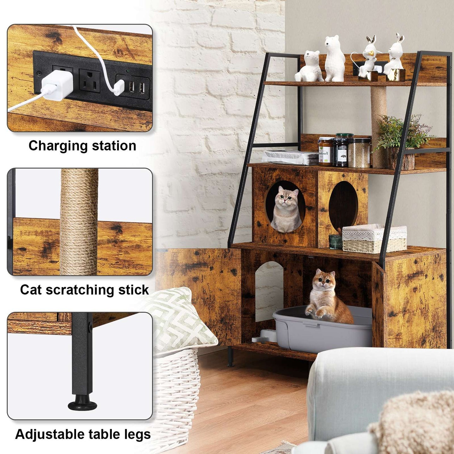 Caixa de Areia para Gatos Escondida com 2 Prateleiras de Armazenamento Móvel Escondido com Estação de Carregamento, Banheiro de Gatos com Torre para Gatos