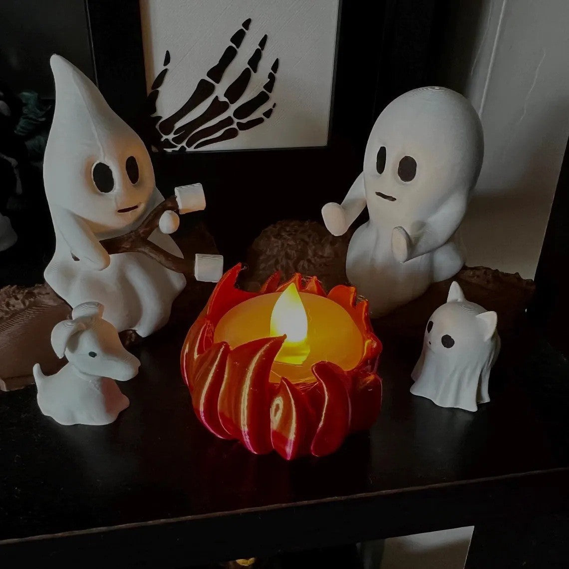 Halloween Ghost Nightlight Campfire Figurine Set Cute Ghost Statue Small Campfire Light Fun Halloween Decor Gift for Home Party