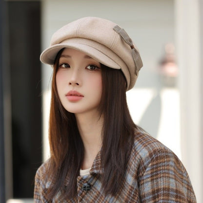 Retro Wool Bow Beret Solid Color Warm Painter Hat Versatile Y2k Newsboy Hat Female
