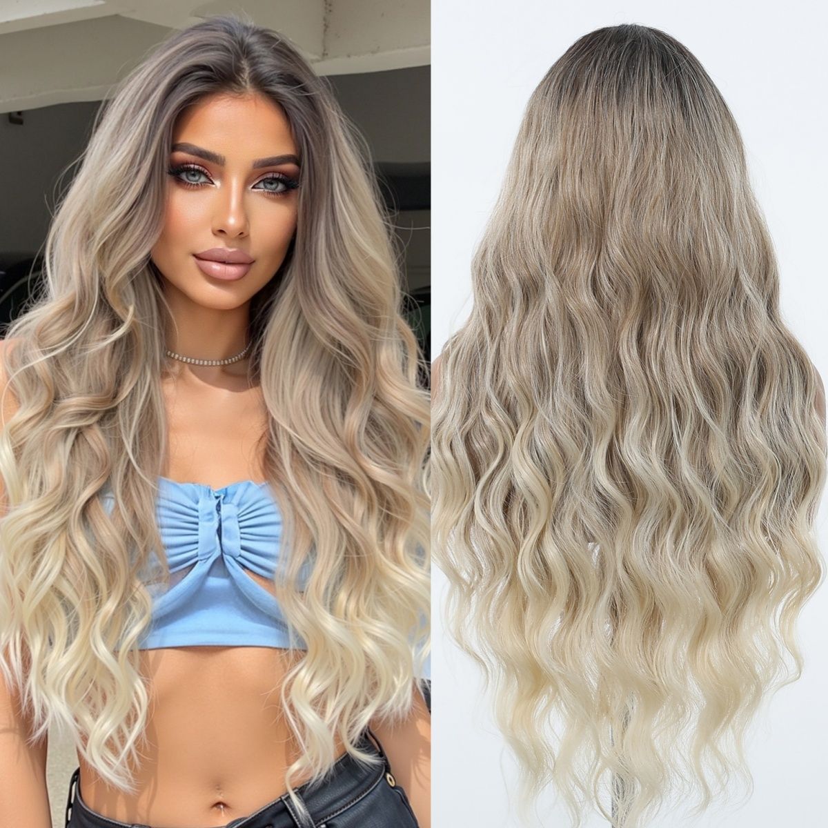 HENRY MARGU Peruca Frontal Lisa Ondulada Marrom Mista Longa Peruca Sintética Natural Ondulada 13x4 Frontal de Renda Cabelo Falso para Mulheres Raiz Escura