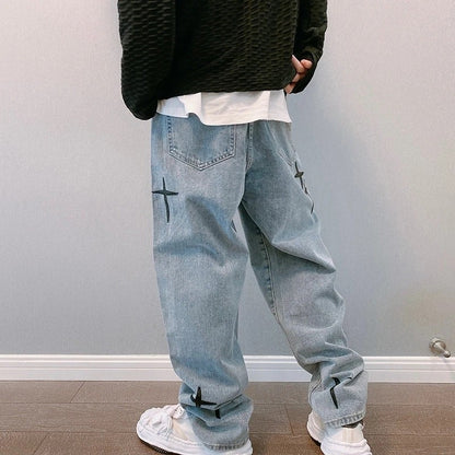 Nova Calça Jeans Masculina Larga Bordada Moda Solta Calça Jeans Streetwear Hip Hop Reta Perna Larga Calça Casual Roupa Masculina