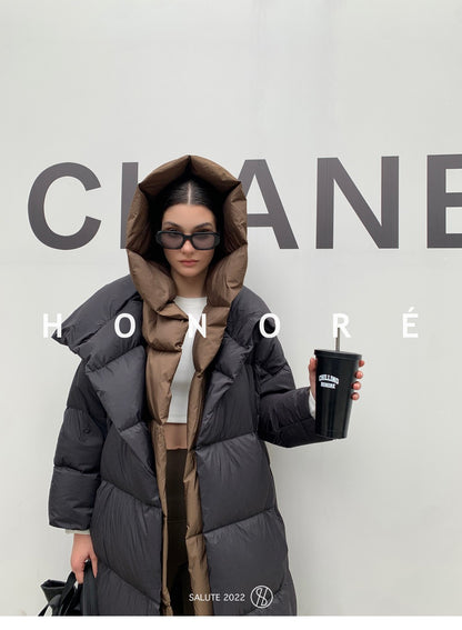 Janveny Fluffy White Duck Down Jacket Women Winter Thickness Warm Long Puffer Coat Hooded Female Fashion Fake Two-piece Parkas