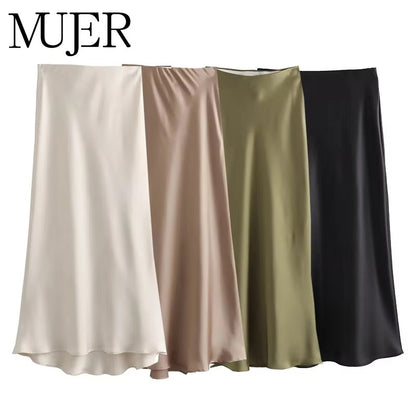 MUJER Woman 2025 Satin Skirt Women High Waist Long Skirts For Women Summer Black Midi Skirt Woman Office Elegant Women's Skirts