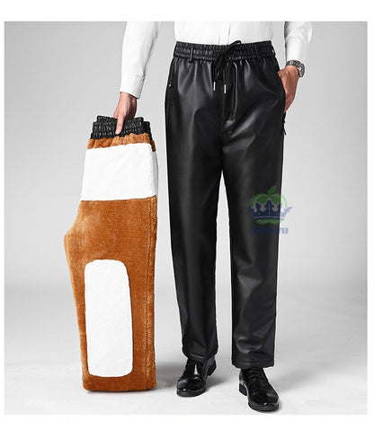OUSSYU Brand High Quality Winter Outdoors Fleece Warm Pants Men Zippered Pocket Business Straight Flocking PU Trousers Plus Size