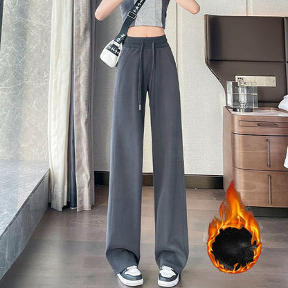 Winter Female Chic High Waist Straight Leg Thermal Pants Women Plush Casual Baggy Trousers Girls Snow Warm Fleece Pants