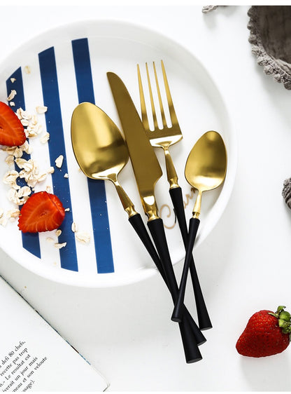 Conjunto de Talheres 24 Peças Aço Inox Fosco Preto Dourado Jogo de Talheres de Mesa Faca Colher Garfo Lavável em Lava-louças