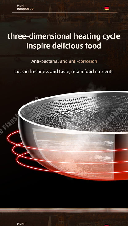 Panela Wok de Aço Inoxidável 316 Antiaderente Favo de Mel para Cozinhar Bife Fogão a Gás Panela de Indução Geral Utensílio de Cozinha