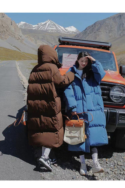 Long Thickened Down Cotton Bread Style Coat Women's Winter 2025 Outerwear Korean Loose Long Knee Length Solid Hooded Jacket