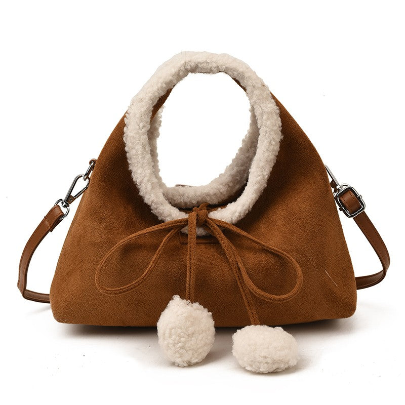 Faux Suede Solid Color Bow Hairy Cute Women's Handbags Christmas Gift Giving Fashion Bags 2025 Autumn/winter New Shoulder Bags