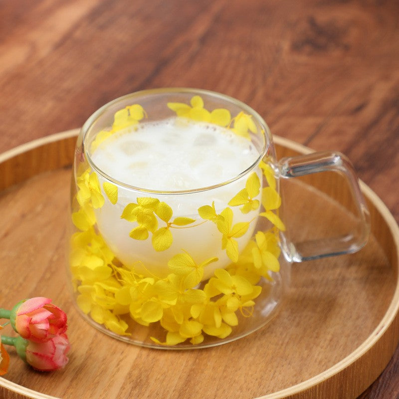 Copo de Vidro de Parede Dupla 200ml Transparente com Padrão de Flores Caneca de Chá Leite Café com Alça Presente para Amigos Copo de Água para Casa