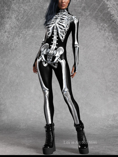 Women Grey Candy Skeleton Bodysuit Halloween Cosplay Costume Carnival Steampunk Artistic Sexy Slim Jumpsuit Performance Zentai