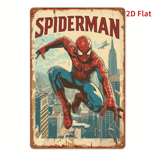 [2D Flat] 1pc Spiderman & Deadpool "Romantic" Metal Wall Art - 20.32x30.48 cm, Indoor/Outdoor Decor, Iron Sign with Vintage City