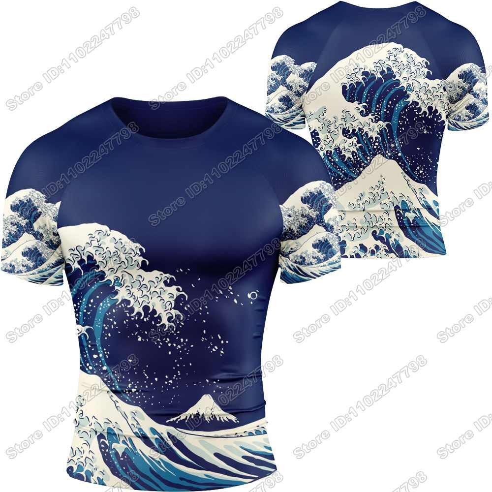 2025 The Great Wave Rash Guard Jiu Jitsu BJJ MMA T-shirt Compression Shirt Long Sleeve Surfing Jersey Beach Diving Tops Swimwear