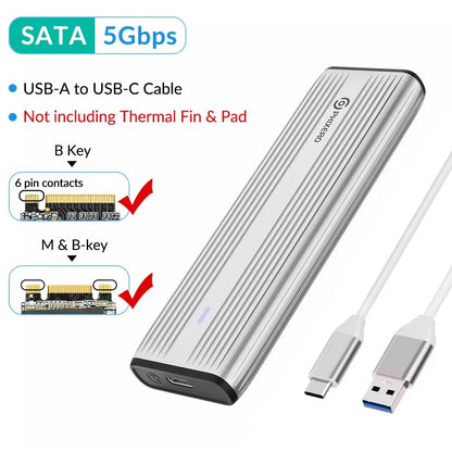 PHIXERO M.2 NVMe SATA SSD Enclosure Duplo Protocolo NVMe para Adaptador USB 10Gbps USB 3.1 Gen2 USB C Case Externo Liga de Alumínio