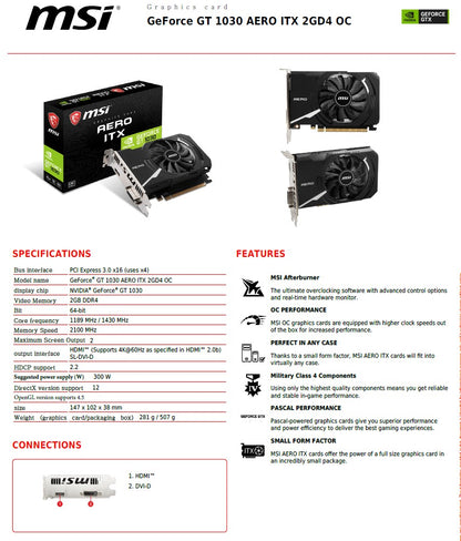 MSI GeForce GT 1030 AERO ITX 2GD4 OC 64Bit DVI PCI-E 3.0 Geforce GPU Gt 1030 Placa de Vídeo para Jogos