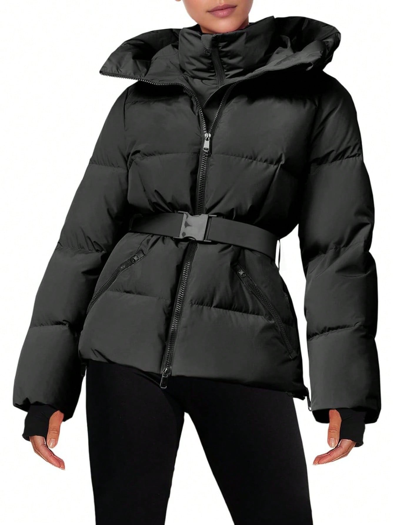 Fisoew women's Belted Puffer Jacket, Women's Waterproof Ski Coat With Hood, Quilted Winter Snowsuit Aesthetic