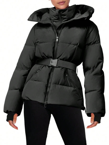 Fisoew women's Belted Puffer Jacket, Women's Waterproof Ski Coat With Hood, Quilted Winter Snowsuit Aesthetic