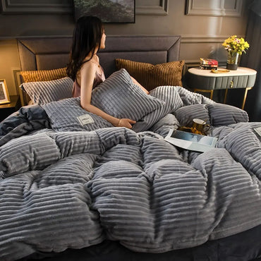Conjunto de Cama de Inverno Dupla Face em Veludo Leitoso Cor Sólida de Flanela e Cordeiro, Capa de Edredom, Lençol de Cama Quente de Inverno 220×240CM