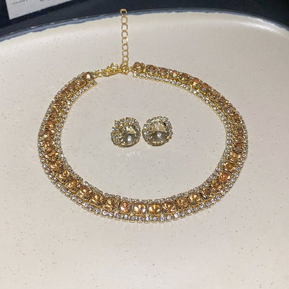 Conjunto de Joias Femininas com Colar de Luxo Verde Strass Brincos de Cristal Gargantilha Colares para Casamentos e Banquetes