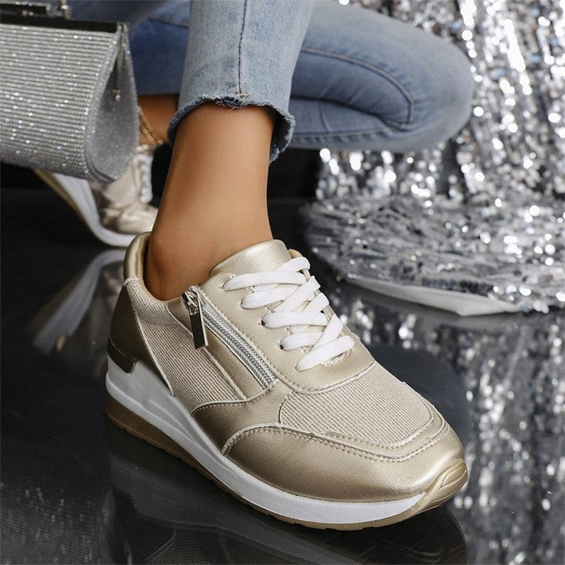 Fashion Thick Bottom Silver Sneakers Women 2025 Spring Wedge Heel Vulcanized Shoes Woman Comfortable Lace Up Sport Sneaker Mujer